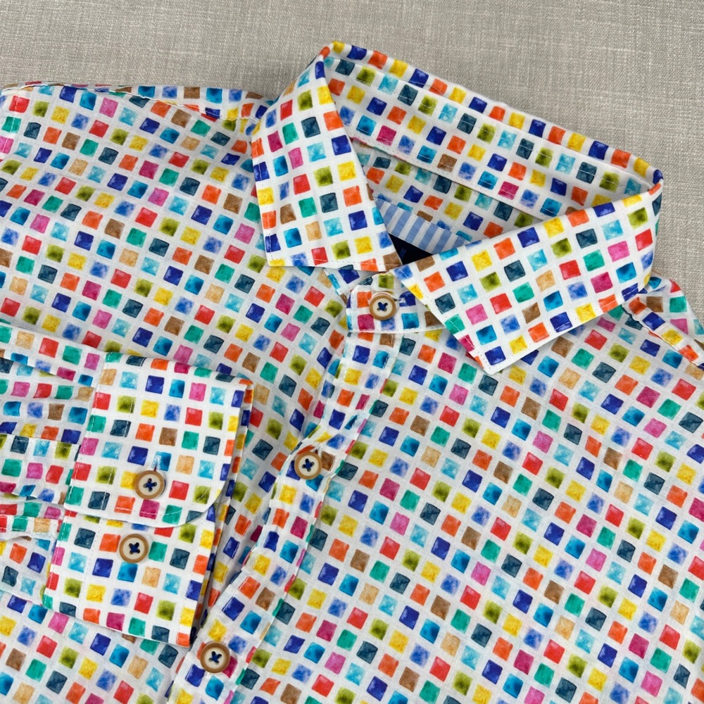 Haspel New Orleans Button‎ Down Mens Medium White Multi Watercolor Grid Cotton